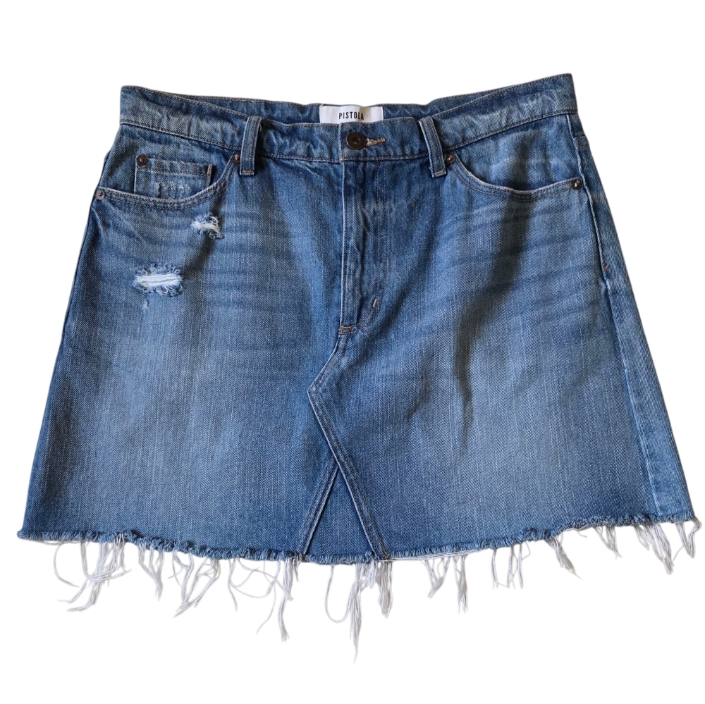Pistola Blue Denim A-Line Skirt with Frayed Hem